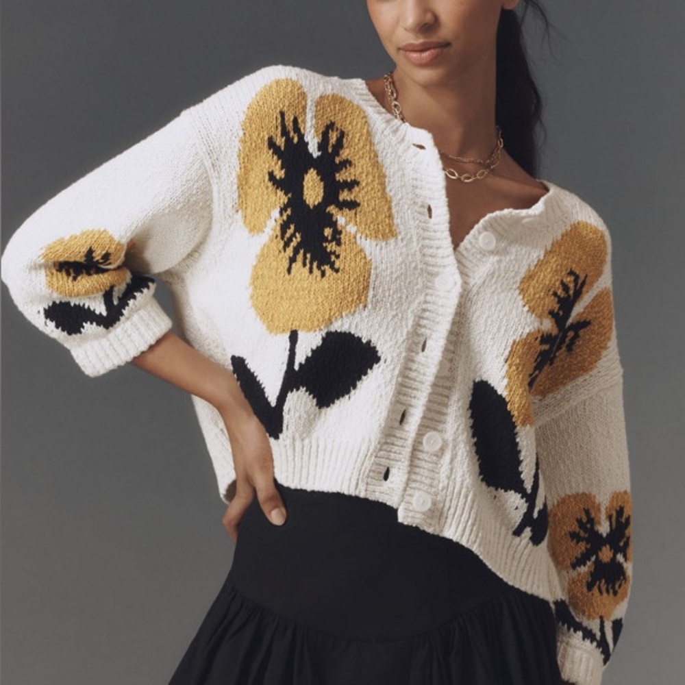 Anthropologie Maeve Elbow-Sleeve Yellow Floral Cardigan Sweater Size XL NWT